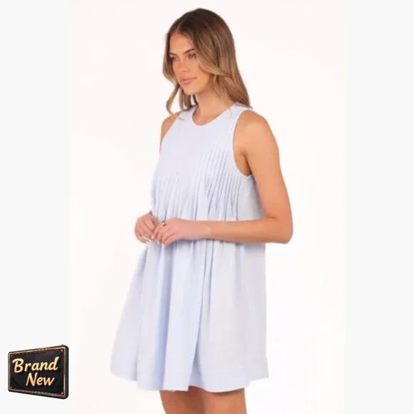 Mini Dress with Round Neck, Back Button, Front Tuck Detail